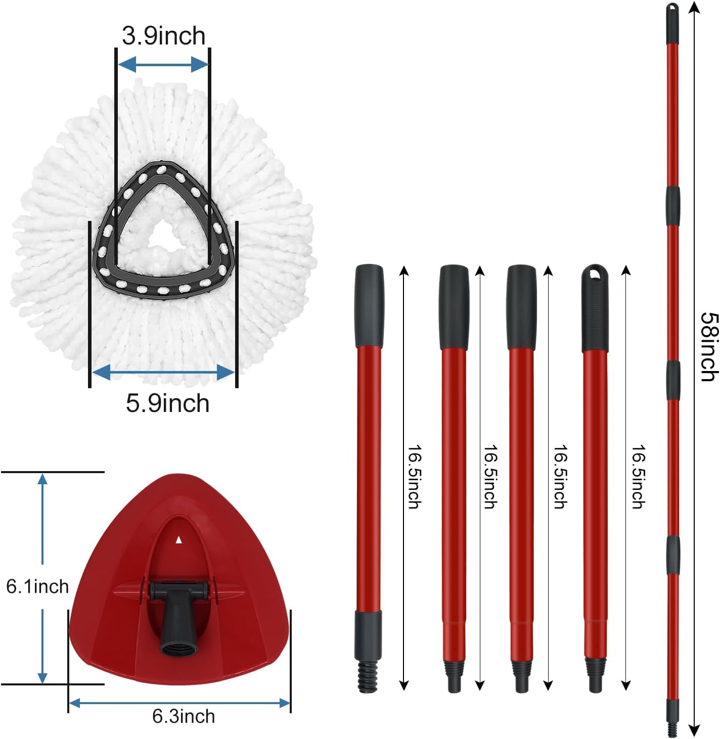 Mop Replace Heads Mop Handle and Base Replacement for O Cedar EasyWring 1-Tank Spin Mop System, 2 Microfiber Mops Refills, 4-Section Iron Mop Handle 30-58Inch and 1 Mopping Heads Cover Set (No Bucket)