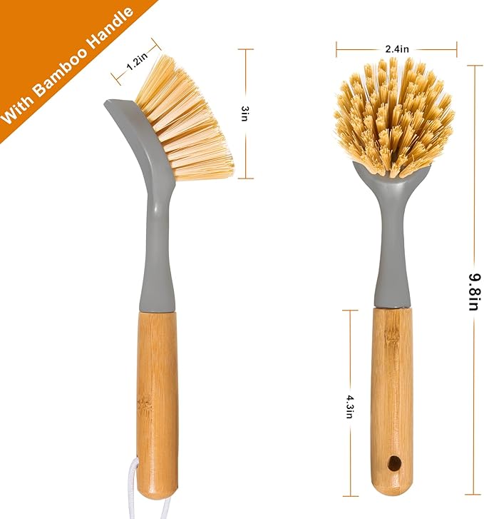 2 Pack Dish Brushes with Bamboo Handle, Kitchen Dish Scrubber Built-in Scraper - Image 5