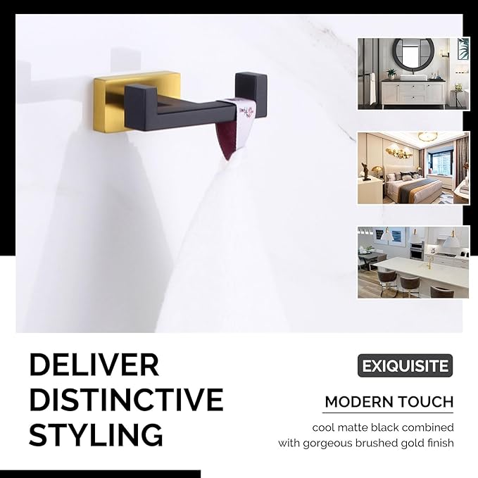 Angle Simple Towel Hook Black & Gold 2 PCS, Stainless Steel Double Hook - Image 5