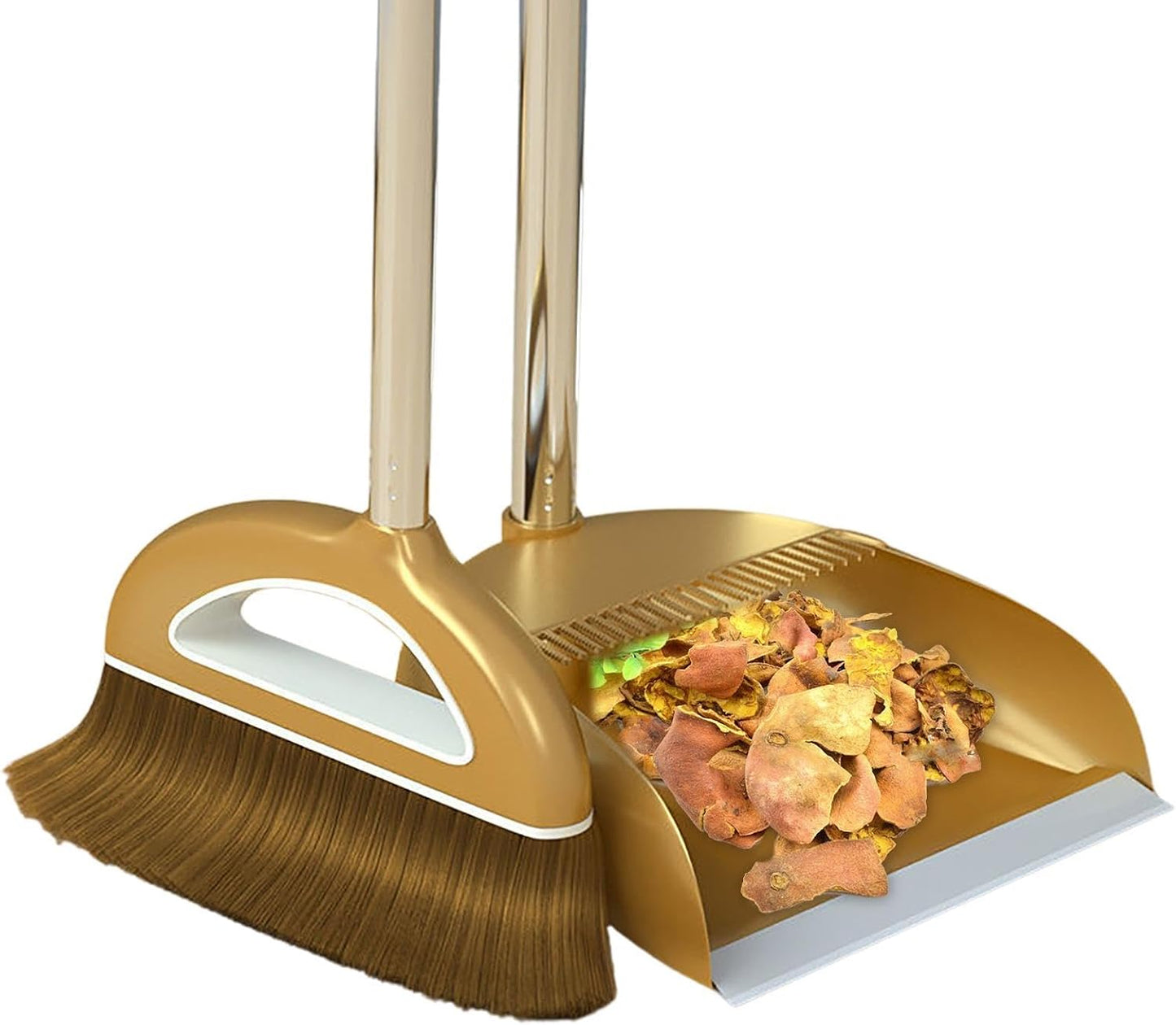 Broom and Dustpan Set with Long Handle, Dust Broom Andstanding Dustpan Combo, Lightweight Robust Kitchen Brooms Dustpans, Duster Tool Cleaning Gadgets, for Home, Kitchen, Offices, Pet Hair, Gold