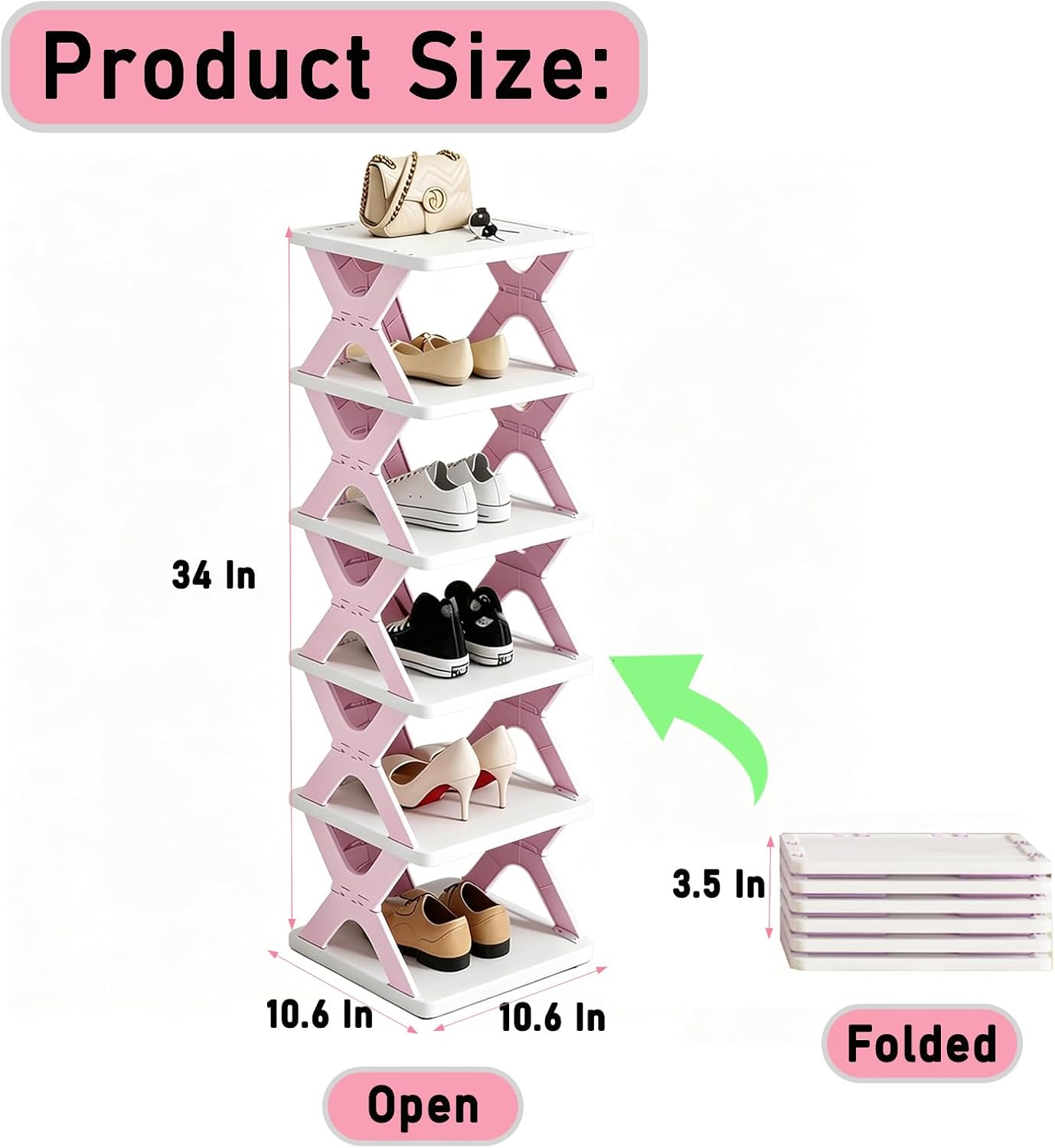 6 Tier Foldable Pink Shoe Rack, Adjustable Vertical Kids Shoe Organizer | Compact Freestanding Narrow Shoe Storage Shelf, Tool-Free Assembly Space Saving Shoe Holder for Entryway, Closet & Kids Room