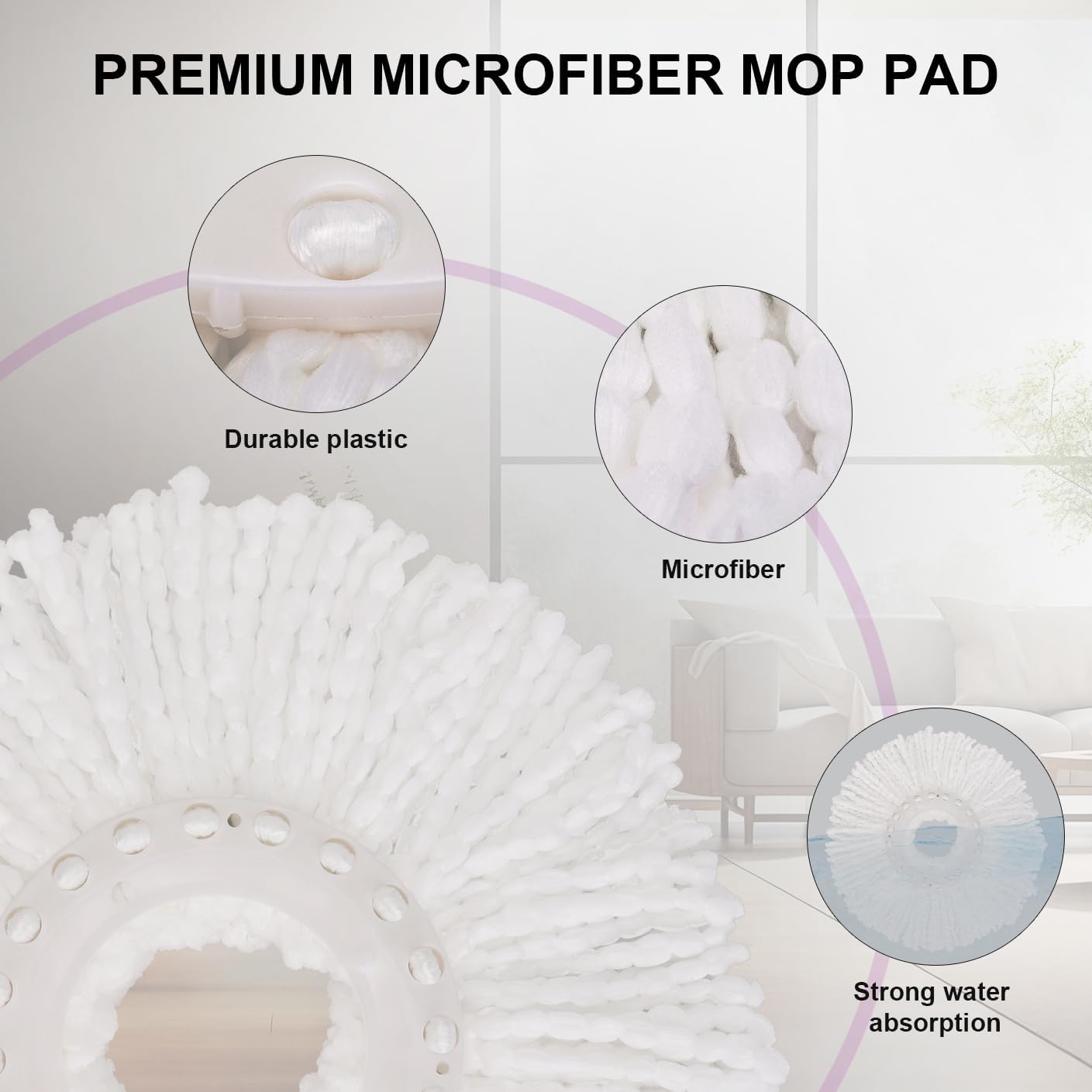 Spin Mop Replacement Heads, 6.3 Inch Microfiber Mop Refills Compatible with Hurricane, Mopnado, Simpli Magic and Other 360° Spin Mop Systems, Round Standard Universal Mop Pads (White) - 3 Pack