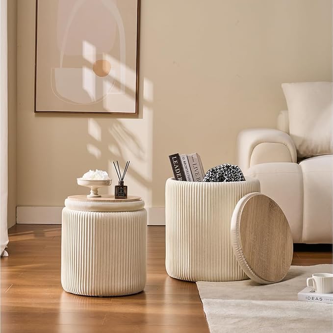 Round Set of 2 Ottoman with Storage-Upholstered Velvet Vanity Stool - Image 2