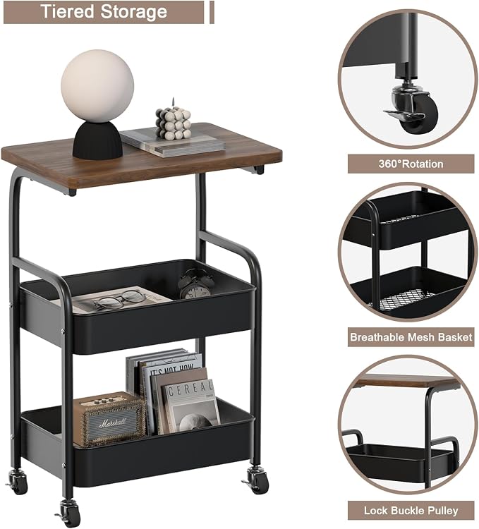 Rolling Cart with Wooden Tabletop 3-Tier Metal Utility Rolling Cart Storage - Image 6