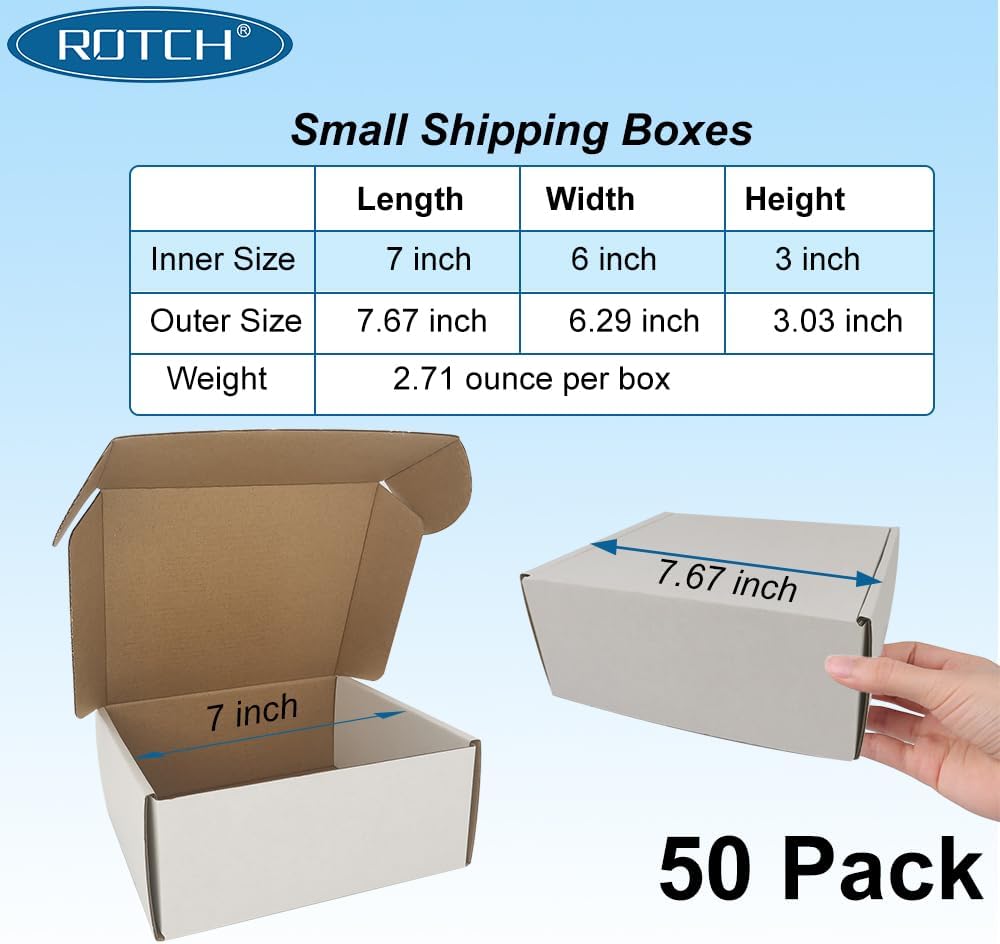 ROTCH 50 Pack 7x6x3'' Corrugated Mailers, White, Cardboard Boxes Perf...