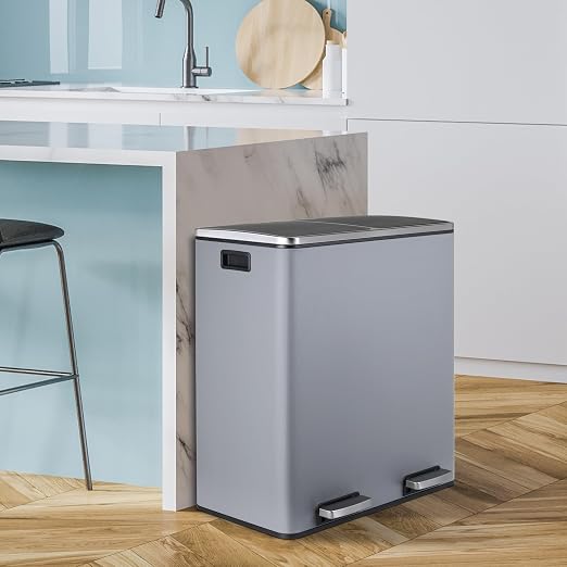 16 Gallon Rectangular Stainless Steel Trash Can, Dual Compartment Garbage Bin - Image 7