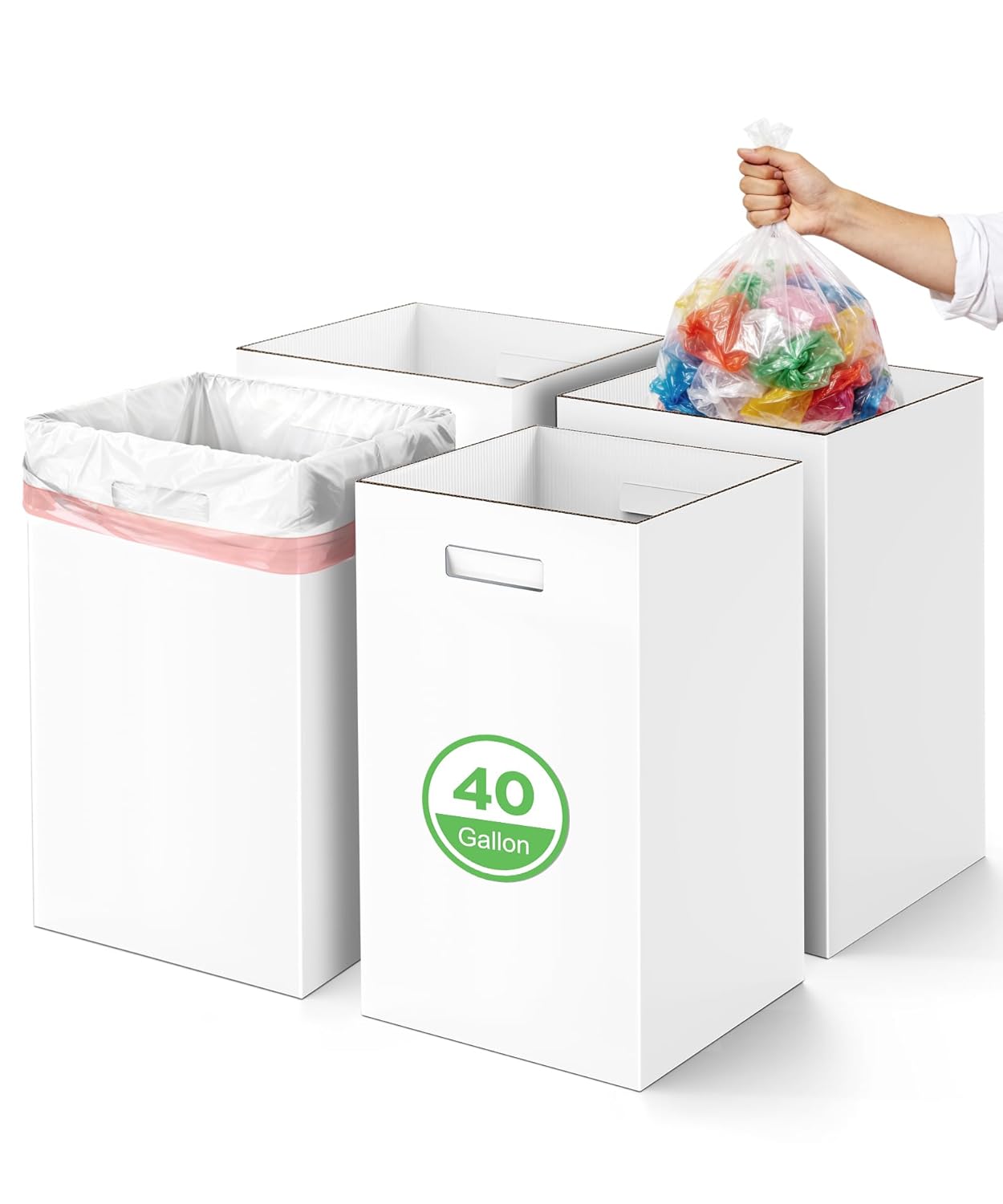 4 Pack 40 Gallon Corrugated Cardboard Disposable Trash Cans, White | 18" L x 18" W x 30" H, With Handle, Collapsible Garbage Cans, Thick Foldable Bins for Parties Events Camping Beach