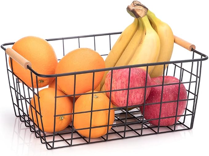 LeleCAT Wire Baskets with Wooden Handles, Wire Storage Organizer Baskets - Image 3