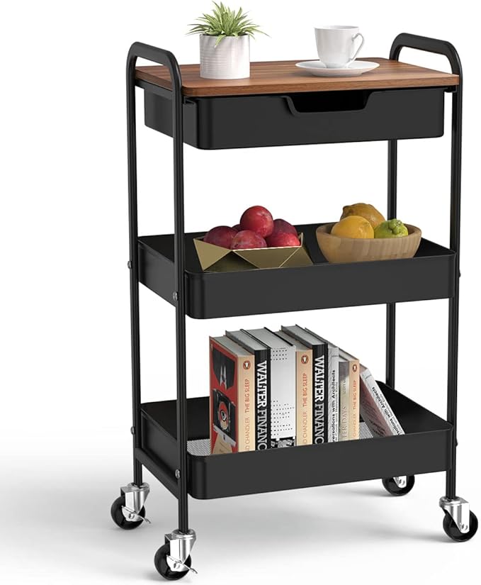3 Tier Rolling Cart with Drawer, Metal Utility Cart on Wheels Storage Cart with by Aratan