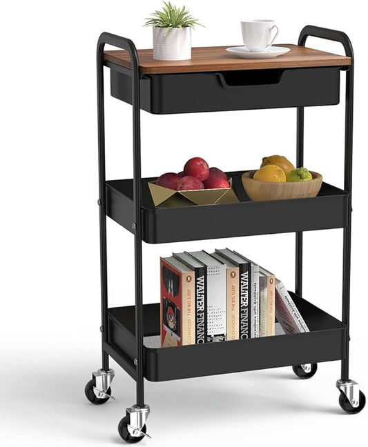 3 Tier Rolling Cart with Drawer, Metal Utility Cart on Wheels Storage Cart with by Aratan