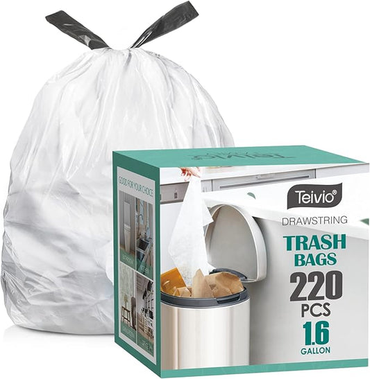 1.6 Gallon/220pcs Strong Drawstring Trash Bags Garbage Bags by Teivio, Bathroom by Teivio
