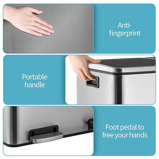16 Gallon Rectangular Stainless Steel Trash Can, Dual Compartment Garbage Bin - Image 6