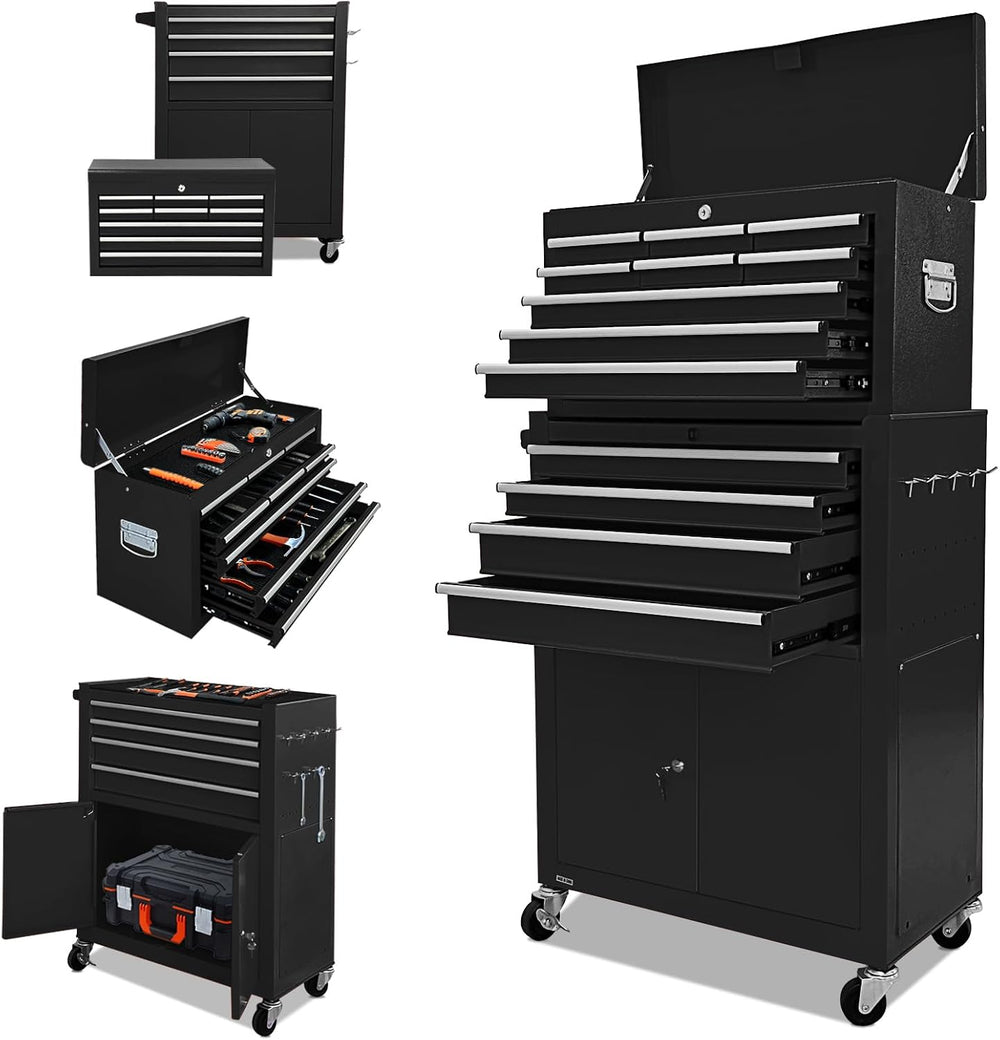 13-Drawer Tool Chest with Double Door and Wheels, 2 in 1 Detachable Rolling T...