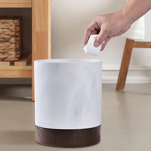 Polytree White Marble and Brown Wood Round Wastebasket, Resin Small Round - Image 3