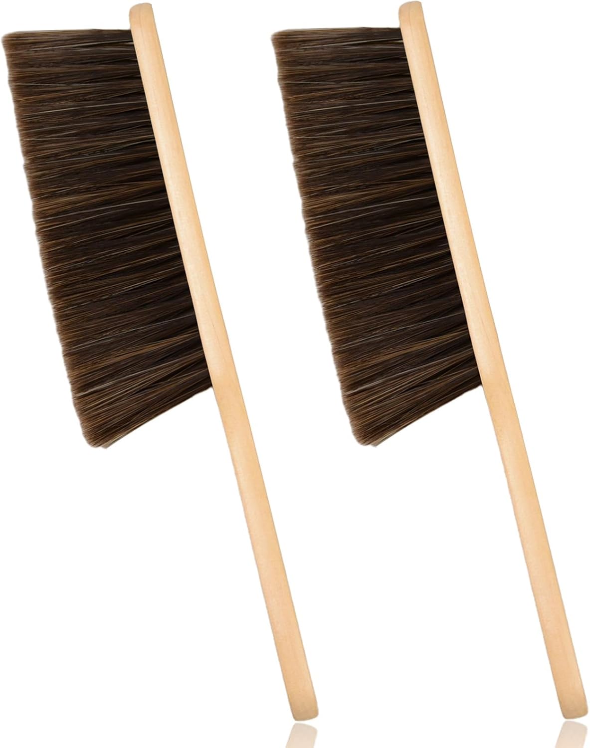 2 Pieces Woooden Dust Brush Hand Broom Bench Brush with Long Wood Handle Whisk Broom Soft Bristle Brush for Counter Bed Sofa Car Fireplace Clothes Household Cleaning