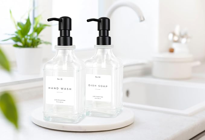 Emerson Essentials Glass Soap Dispenser Set – 16 oz 2-Pack – Refillable Dish & - Image 4