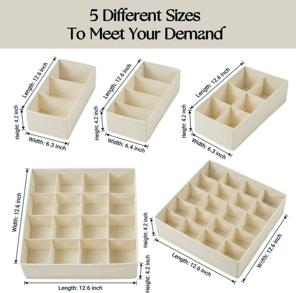 Lourome Underwear Drawer Organizer, 5-Pack, for Socks, Bras, Off-White | Fits Standard 13"+ Dressers, 55 Compartments, Storage Bins for Bedroom, Closet & Bathroom