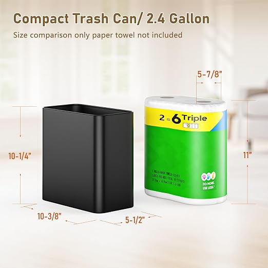 Small Bathroom Trash Can 2.4 Gallon Wastebasket, Slim Metal Garbage Can Matte - Image 3