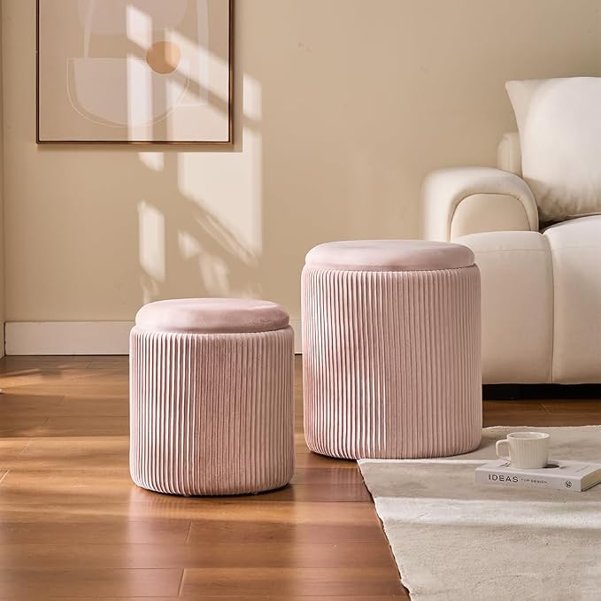 Round Set of 2 Ottoman with Storage-Upholstered Velvet Vanity Stool - Image 6