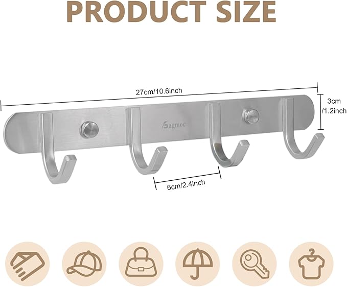 Coat Hook Rack Brushed Nickel 10.6-Inch Coat&Towel Hook Rail Wall Mounted - Image 2