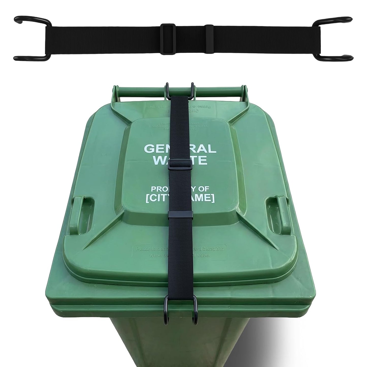 ANKS Heavy Duty Bear & Raccoon Proof Trash Can Lock - Metal Hook | Windproof, 20-35" Adjustable Strap, Fits 28-96 Gal Bins, tool-free, Non-slip double claw design,Black.