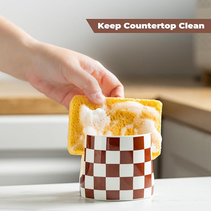 Checkered Sponge Holder for Kitchen Sink, Ceramic Dish Sponge Drying Caddy - Image 6
