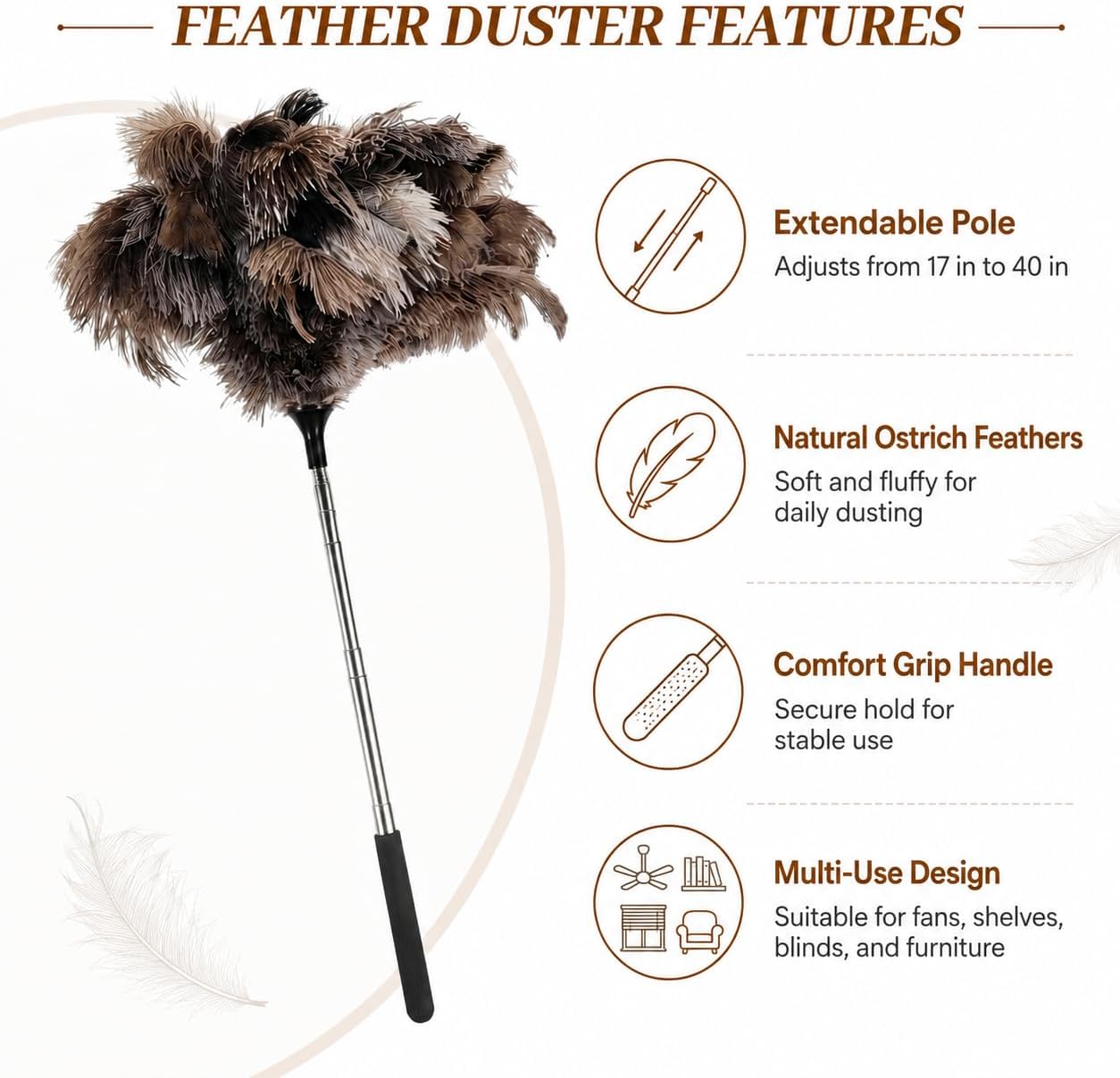 Ostrich Feather Duster for Cleaning, Extendable 17 to 40 Inches Fluffy Duster, Ideal for Ceiling Fans, Lamps, Blinds and Furniture