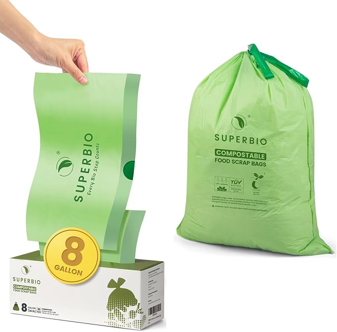 SUPERBIO 8 Gallon Compostable Drawstring Kitchen Waste Bags, 30.3 Liter by SUPERBIOCOMPOSTABLEBAGS