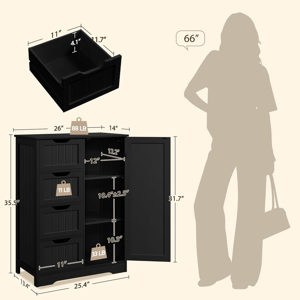 Yaheetech Bathroom Storage Cabinet with 4 Beadboard Drawers and Door, Black