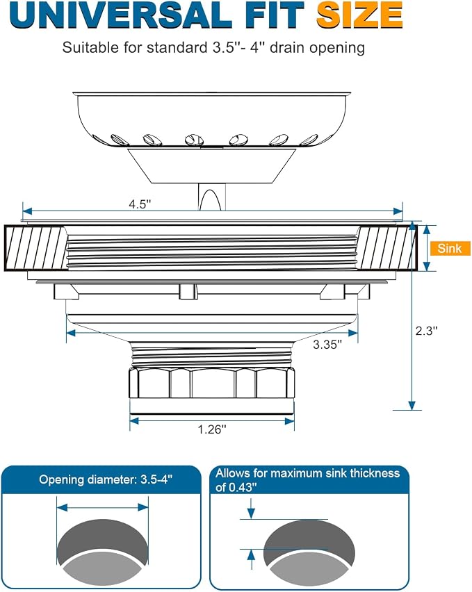BOTEMY Stainless Steel Copper Sink Drain Strainer Kit 3-1/2 inch Kitchen Drain - Image 3
