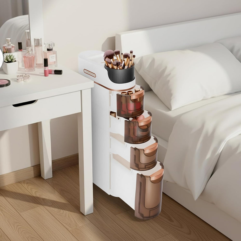 4 Tiers Slim Bathroom Storage Cabinet, Drawer Narrow Slim Storage Cart with T...