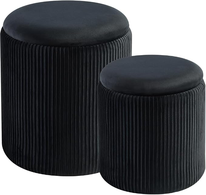 Round Set of 2 Ottoman with Storage-Upholstered Velvet Vanity Stool by HomePage