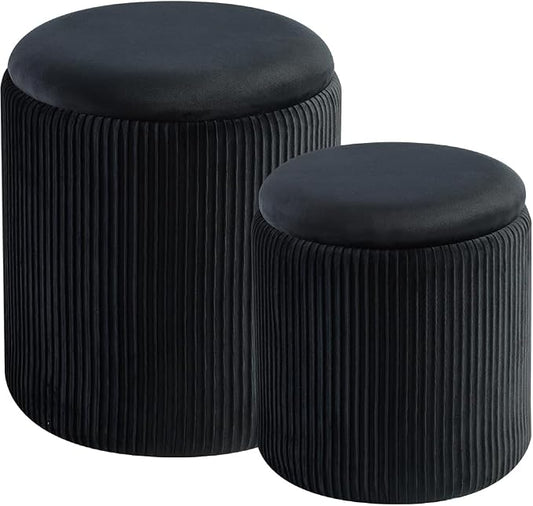 Round Set of 2 Ottoman with Storage-Upholstered Velvet Vanity Stool by HomePage