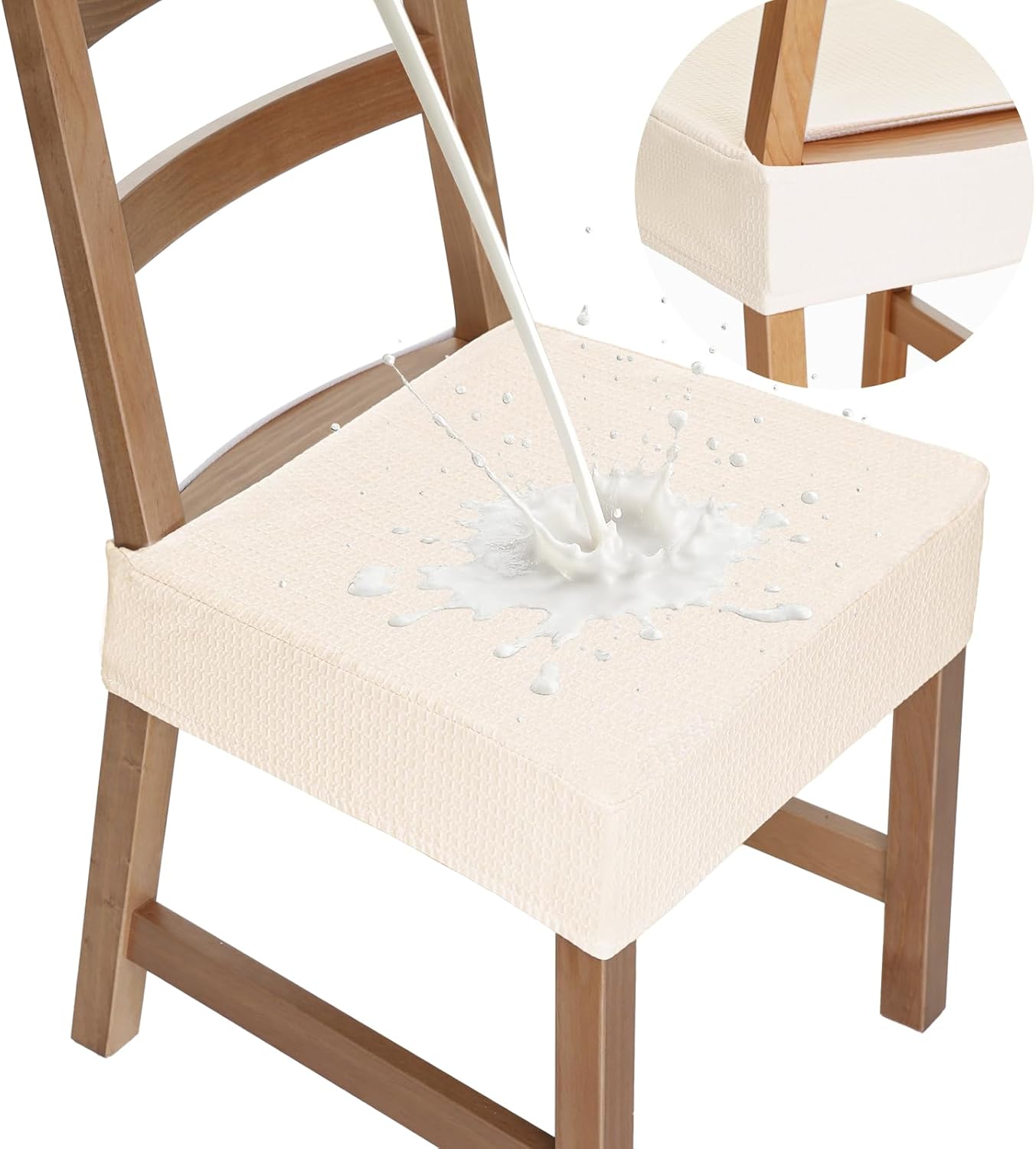 Premium Waterproof Chair Seat Covers Set of 6,Heavyweight Stretch Jacquard Dining Chair Seat Slipcovers, Soft Thick Removable Washable Seat Protectors for Dining Room Kitchen (Beige)