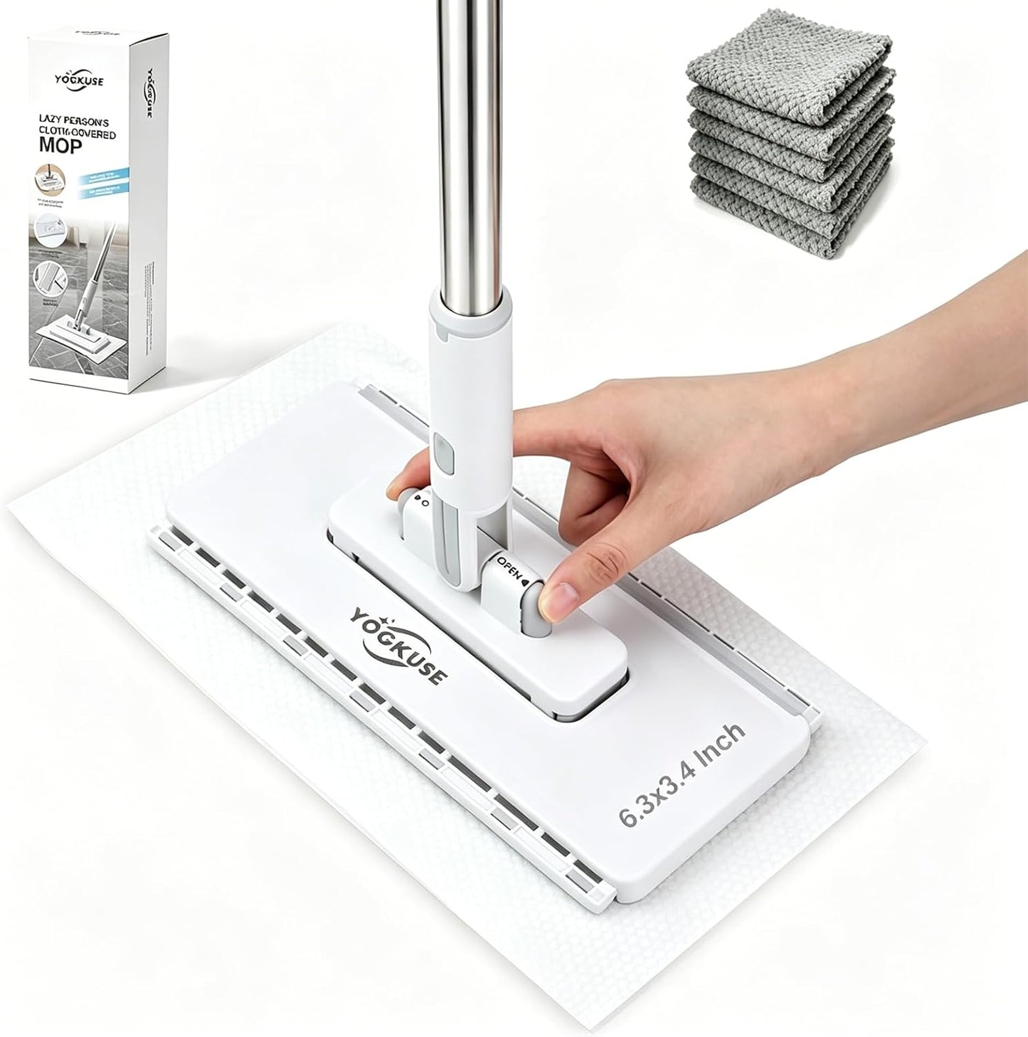 Hands Free Flat Mop One Click,Hands Free Multi Purpose Flat Mop, Snap Grip Mini Mops,360° Rotation Head,31'' Long Handle,Dry and Wet Use,Suitable for Whole House Cleaning,Tile and Hardwood(6 Cloths)