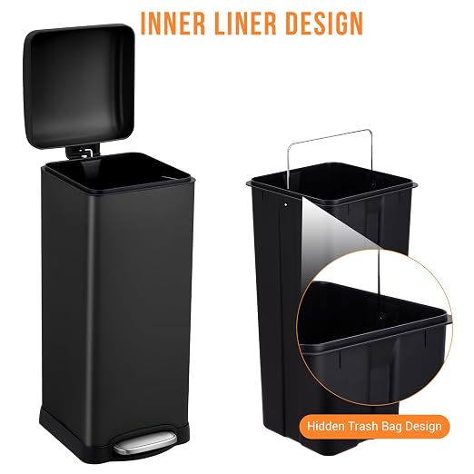 8 Gal/30L Slim Trash Can, Rectangular Step-On Stainless Steel Garbage Can - Image 3