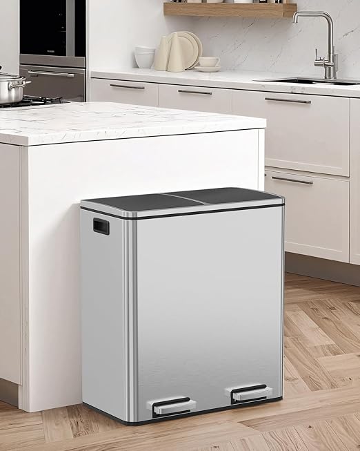 Arlopu 16 GallonStainless Steel Trash Can, 60L Dual Compartment, Metal Kitchen - Image 7