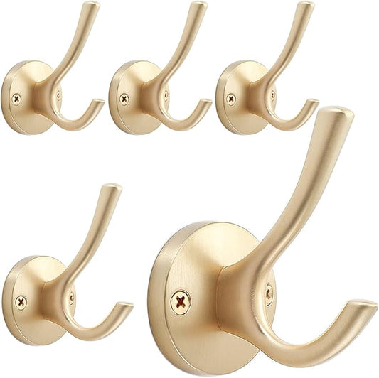 Gold Wall Hooks, 5 Pack Coat Robe Hook Heavy Duty Metal Double Bath Hook Wall by TOFIIGREM