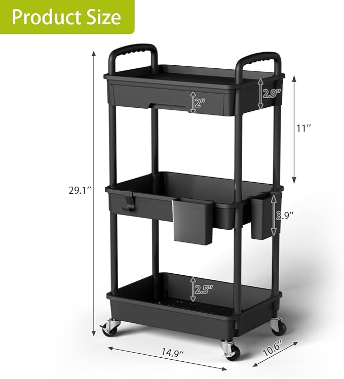 3 Tier Rolling Cart Organizer, Laundry Room Bathroom Organizers and Storage - Image 3