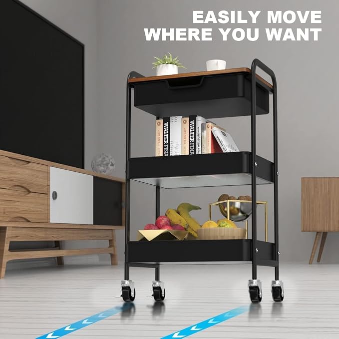 3 Tier Rolling Cart with Drawer, Metal Utility Cart on Wheels Storage Cart with - Image 5
