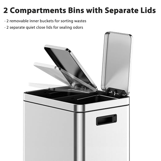 2 x 5.3 Gal Trash Can, Stainless Steel Triple Compartment Step-On Recycling Bin - Image 2