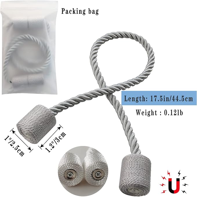 Magnetic Curtain Tiebacks 4 Pack Grey Curtain Rope Tieback Curtain Holders - Image 2