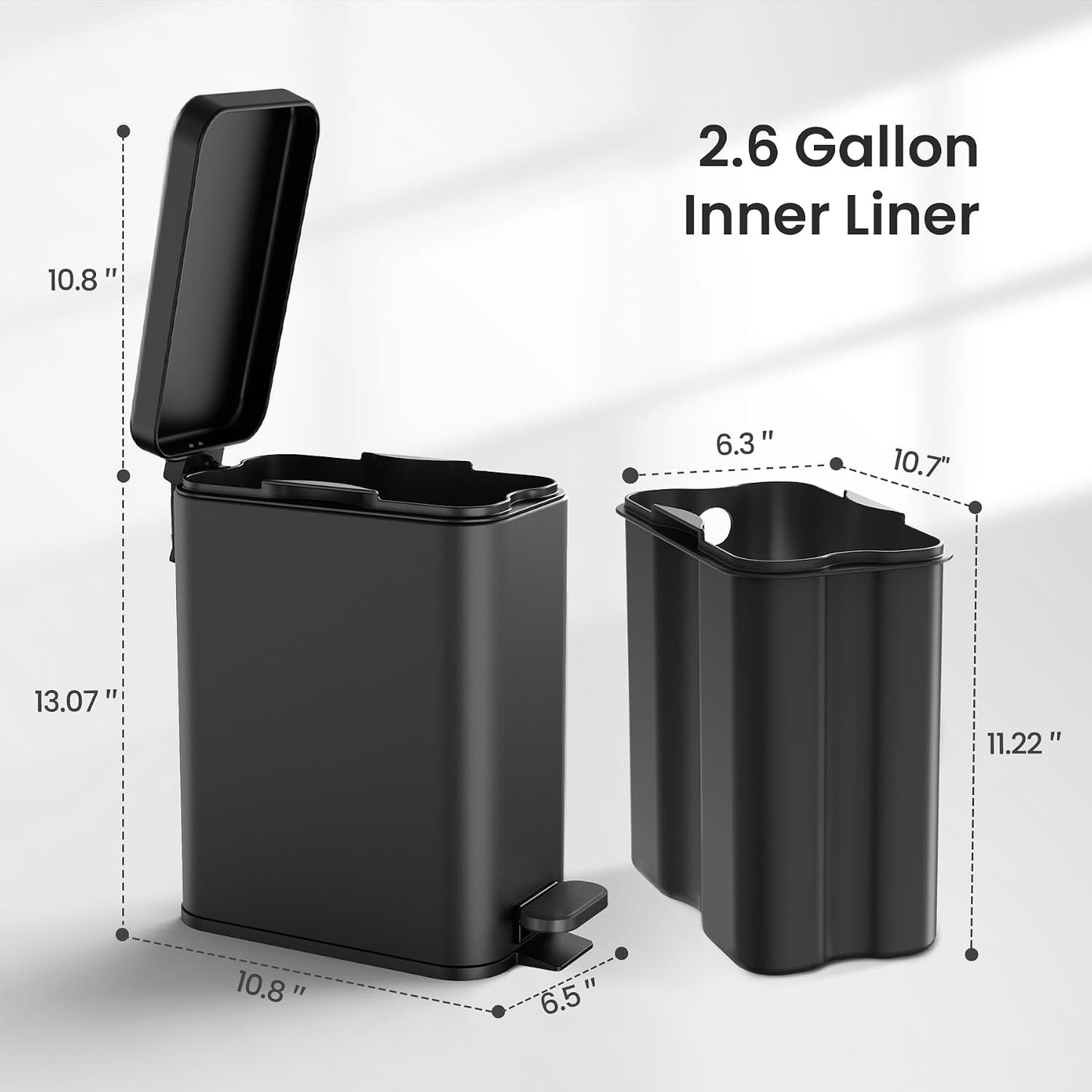 Cesun 2.6 Gallons Small Bathroom Trash Can with Lid Soft Close, Black | Removable Inner Bucket, Small Stainless Steel Garbage Can for Bedroom/Office, Hands-Free Step Pedal, Fingerprint-Resistant