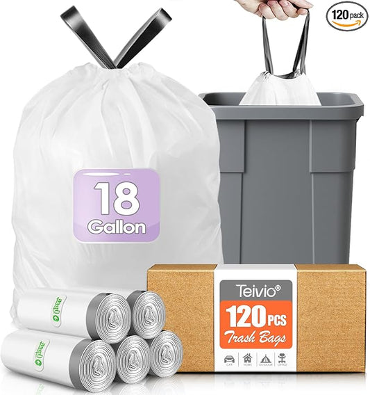 Drawstring Trash Bags-18 Gallon 120 Counts Large Strong Tall Kitchen Trash Bags by Teivio