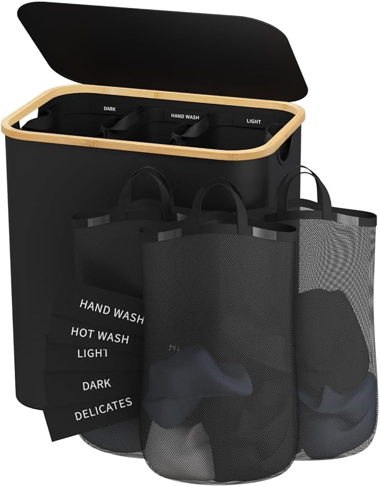 160L Laundry Hamper with Lid, 3 Section Laundry Basket with 3 Removable Bag