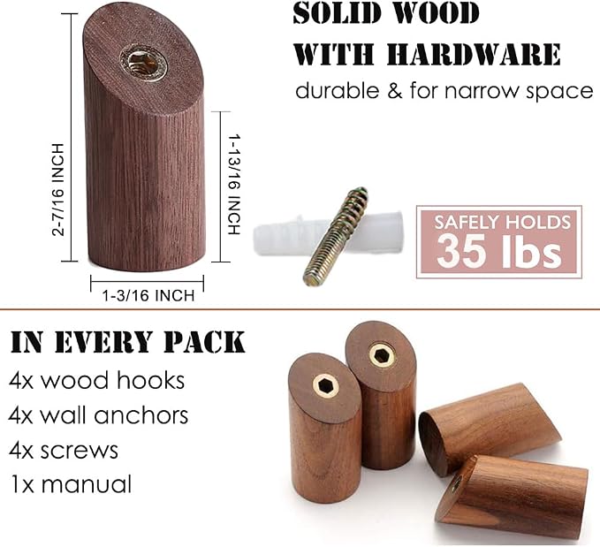 Wood Wall Hooks, 4 Pack Coat Hooks Wall Mounted, Rustic Wooden Heavy Duty Robe - Image 6