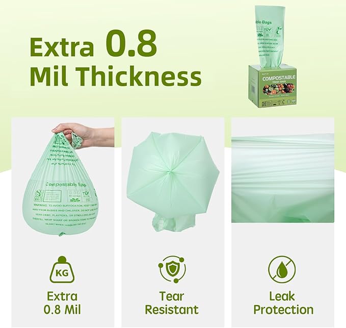 Compostable Trash Bags 3 Gallon, Extra Thick 0.8 Mils, ASTM D6400, OK Compost - Image 2