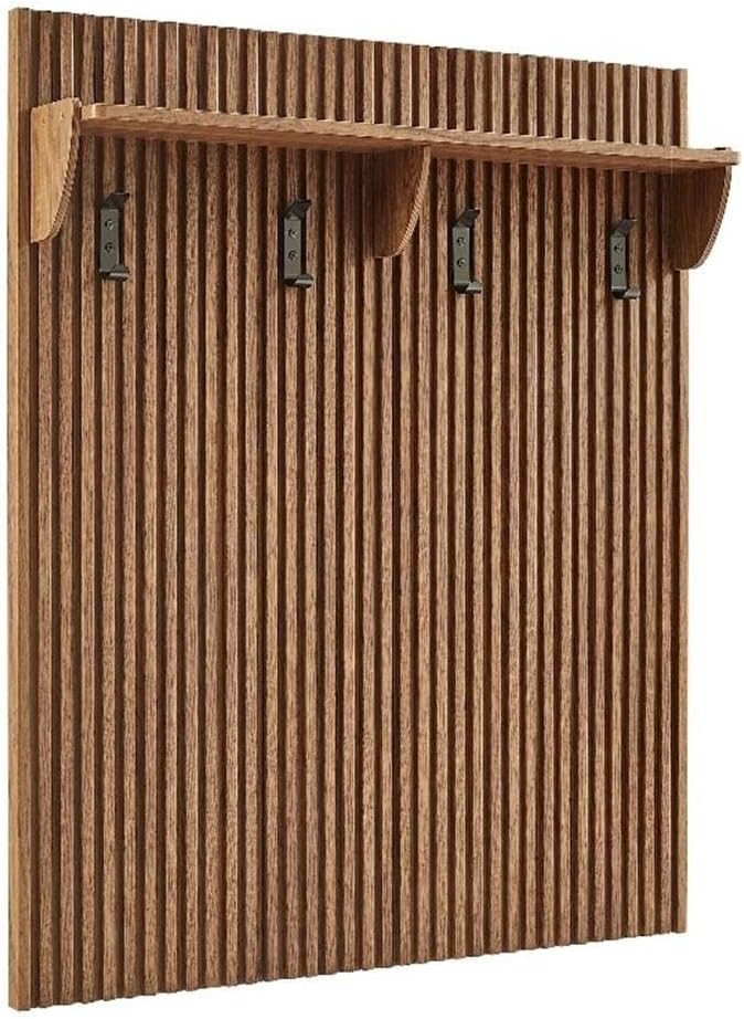 Modway Render Modern Fluted Wood Coat Rack Panel in Walnut with Shelf and Hooks – Wall-Mounted Entryway Organizer for Hallway, Mudroom, or Foyer