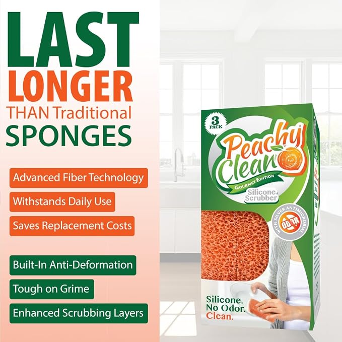 Peachy Clean Silicone Dish Sponge Scrubbers, Fresh Peach Scent, Non-Scratch - Image 4