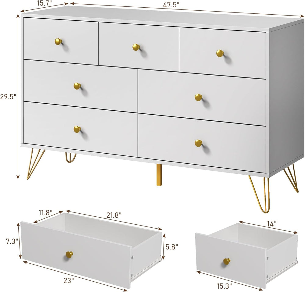 Tradare White Dresser for Bedroom, Modern 7 Drawer Dresser with Gold Handles ...